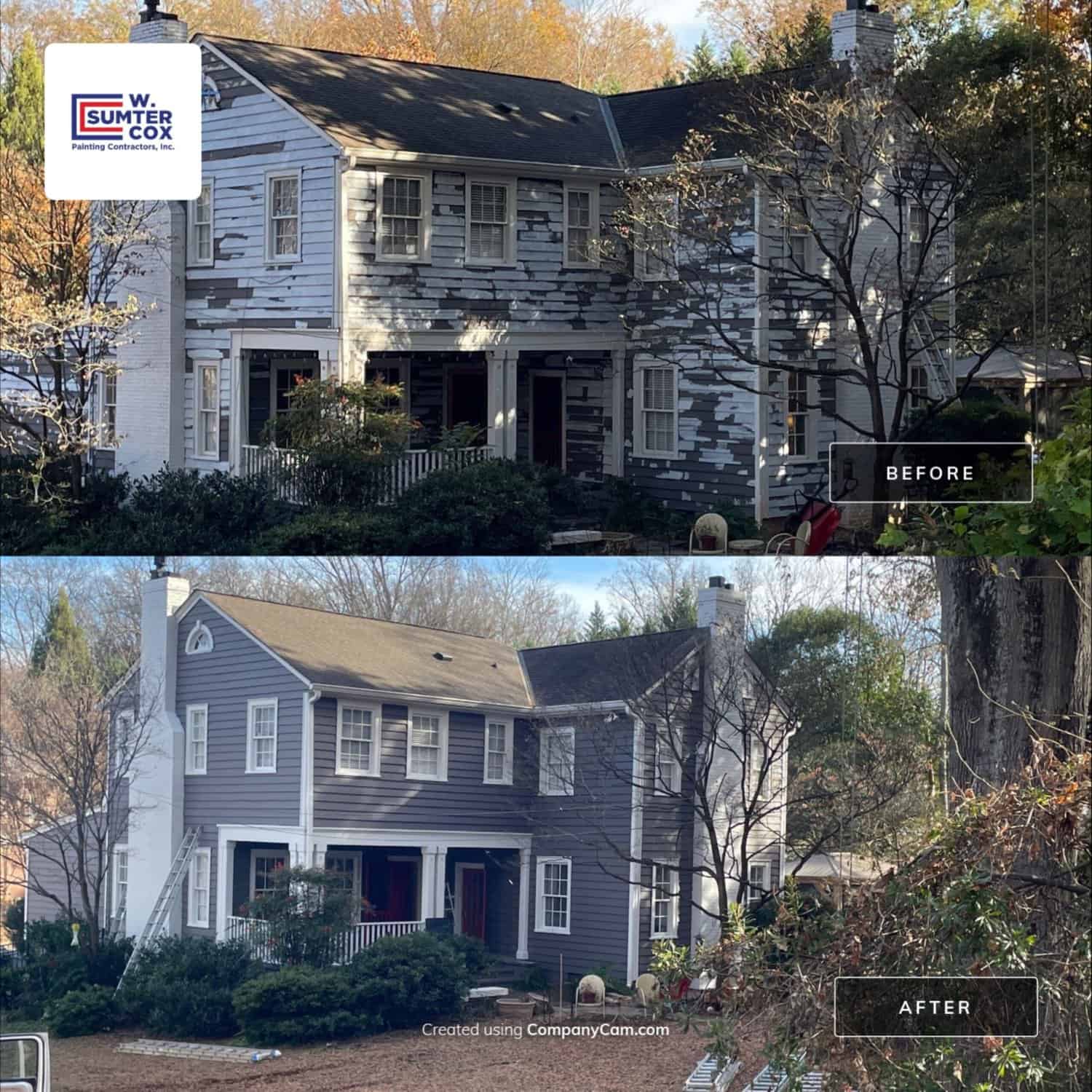 before and after picture comparison of a newly painted two storey house- painting company in huntersville nc: exterior painting