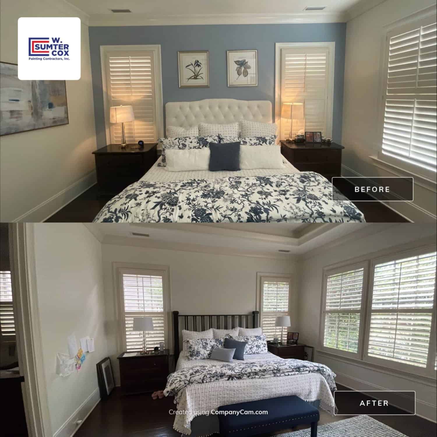before and after picture comparison of a bedroom- interior house painters in fort mill sc