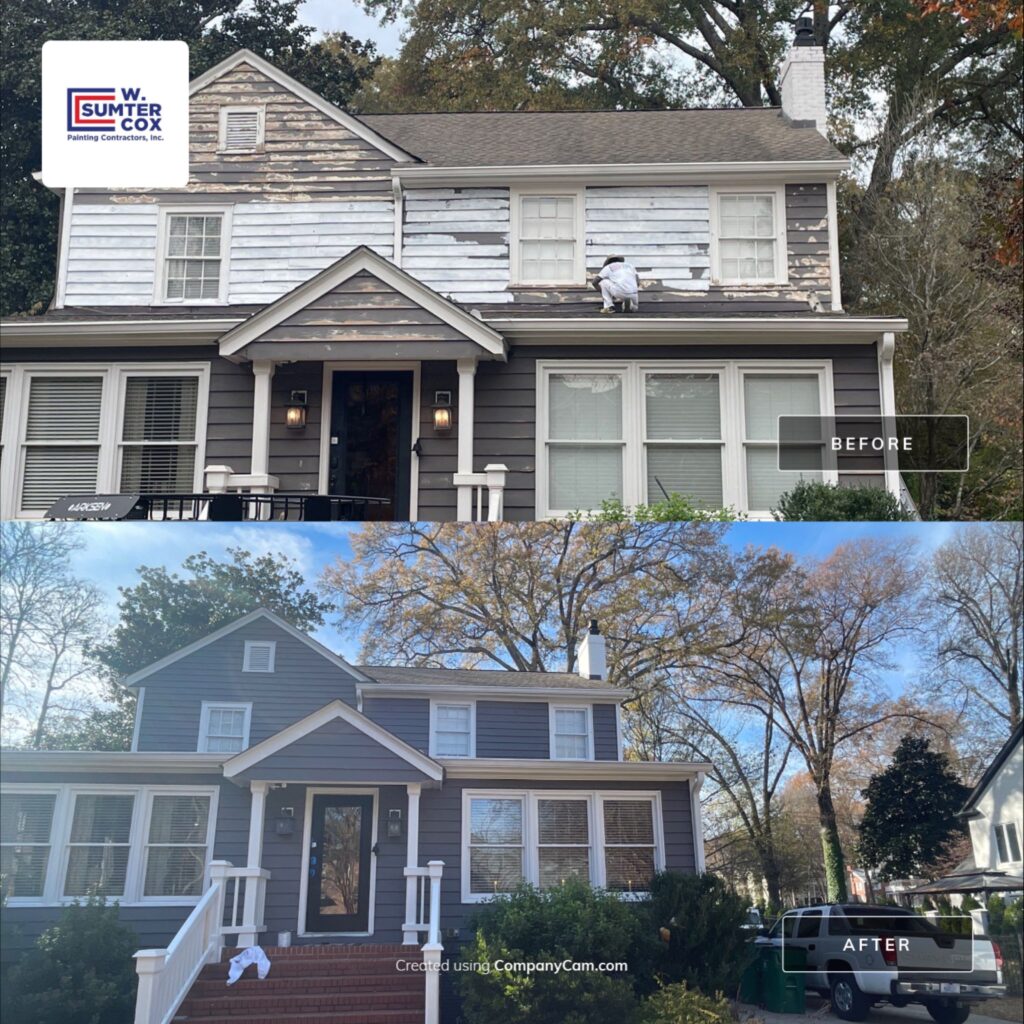 before and after picture comparison of a newly painted two storey house- painting company in marvin nc